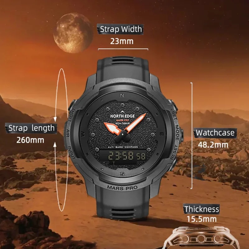 Altimeter Compass Watch - NORTH EDGE Herren-Outdoor-Sportuhr, Gehäuse aus Kohlefaser,